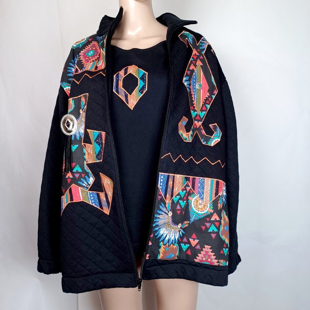 Rafael Womens Black Southwestern Jacket & T-Shirt Large Conchos Liner Zip Up Vtg - Picture 1 of 16